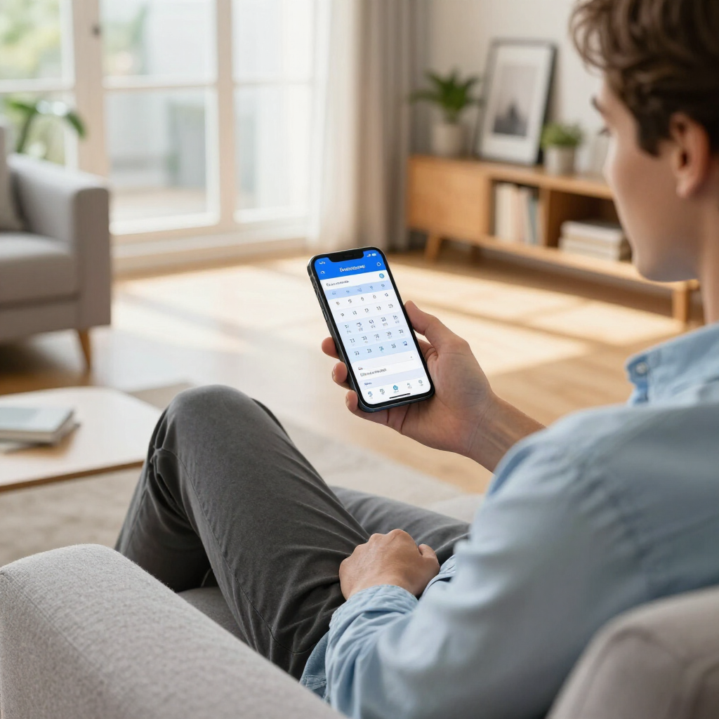 Person sitting on a couch, looking at a smartphone in a bright living room.