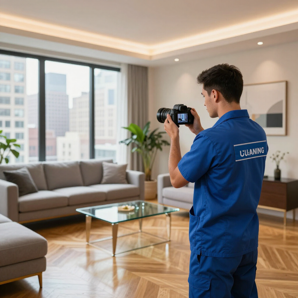 Person in blue uniform photographing a bright living room with a camera.