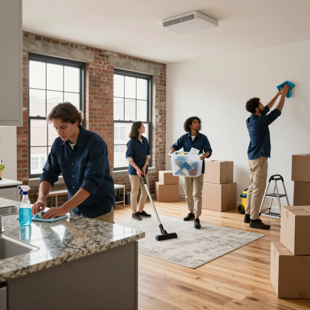 People packing boxes and cleaning a bright apartment after moving in