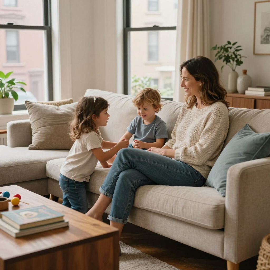 Parent sitting on a sofa with two children in a bright living room