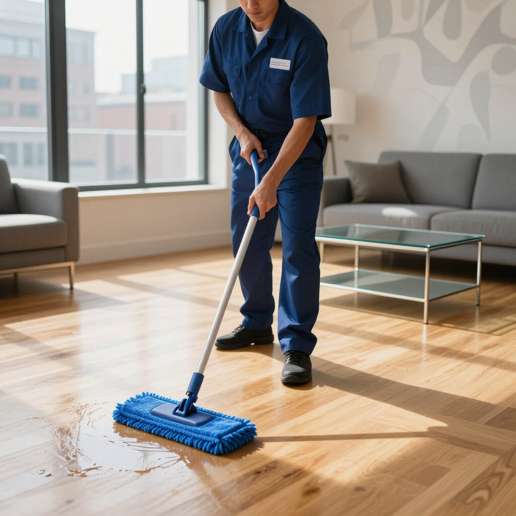 Cleaner mopping a sunlit hardwood floor in a modern living room with blue cleaning uniform