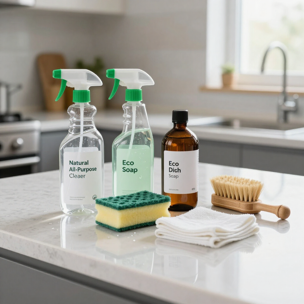 Two spray bottles, soap, sponge, amber bottle, towel, and brush on a kitchen counter
