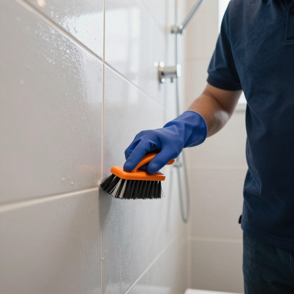 Gloved person scrubbing white tiled wall with a brush in a bathroom or shower area