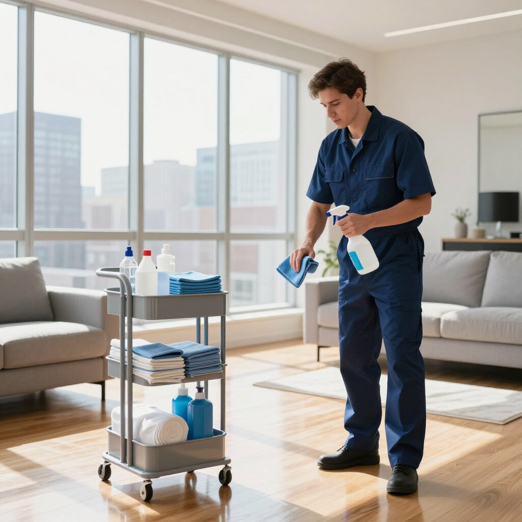 Cleaner stocking a janitorial cart in a bright living room with large windows