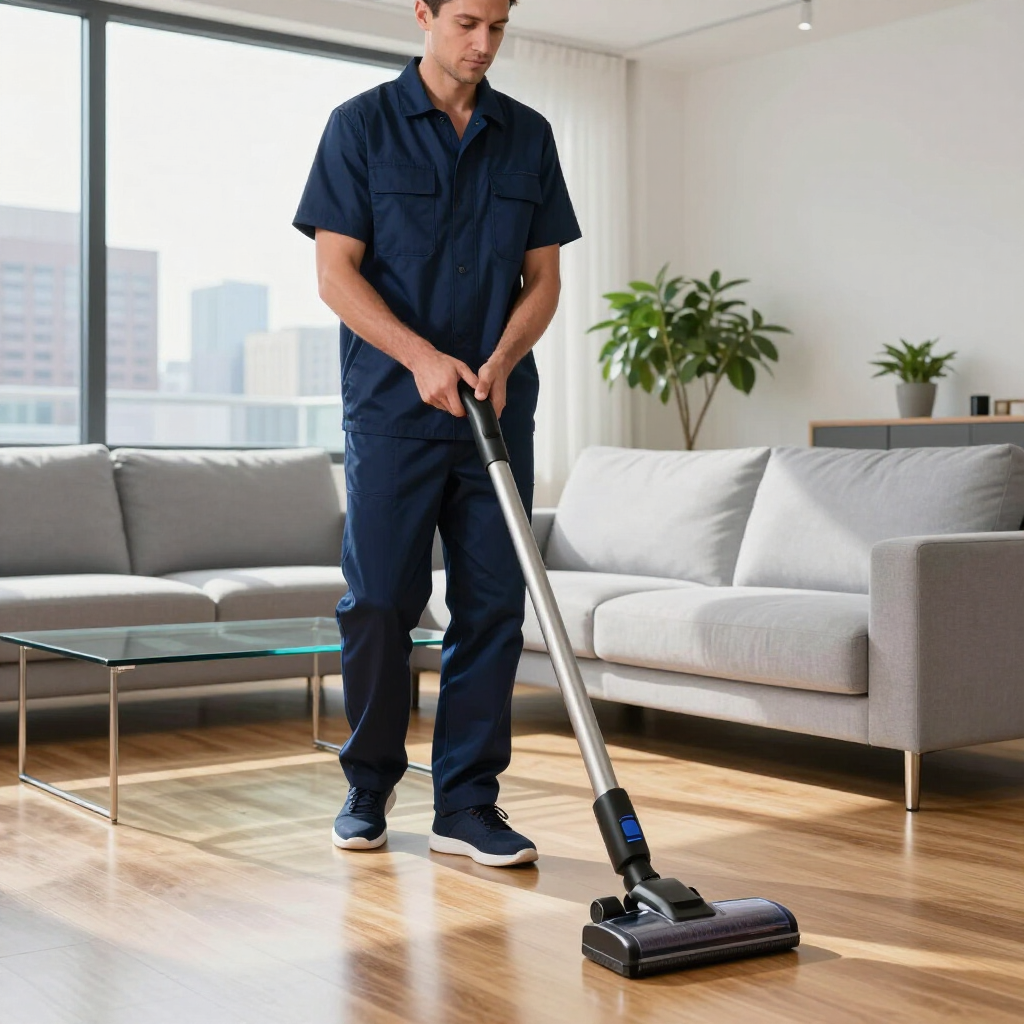 Person vacuuming a bright living room with a cordless vacuum cleaner