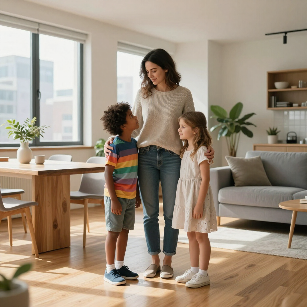 Woman with two children standing in a bright living room near a dining table and sofa