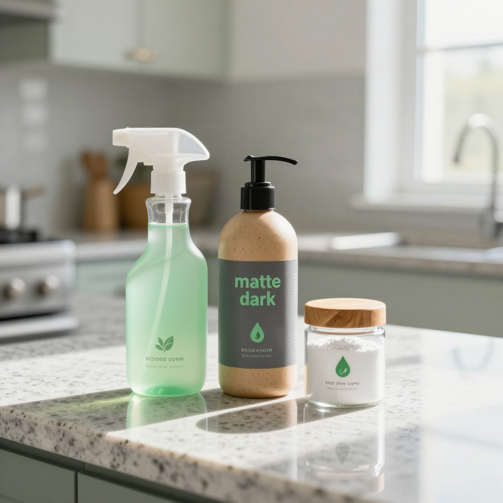 Three cleaning products on a kitchen countertop, including a spray bottle, pump bottle, and jar.