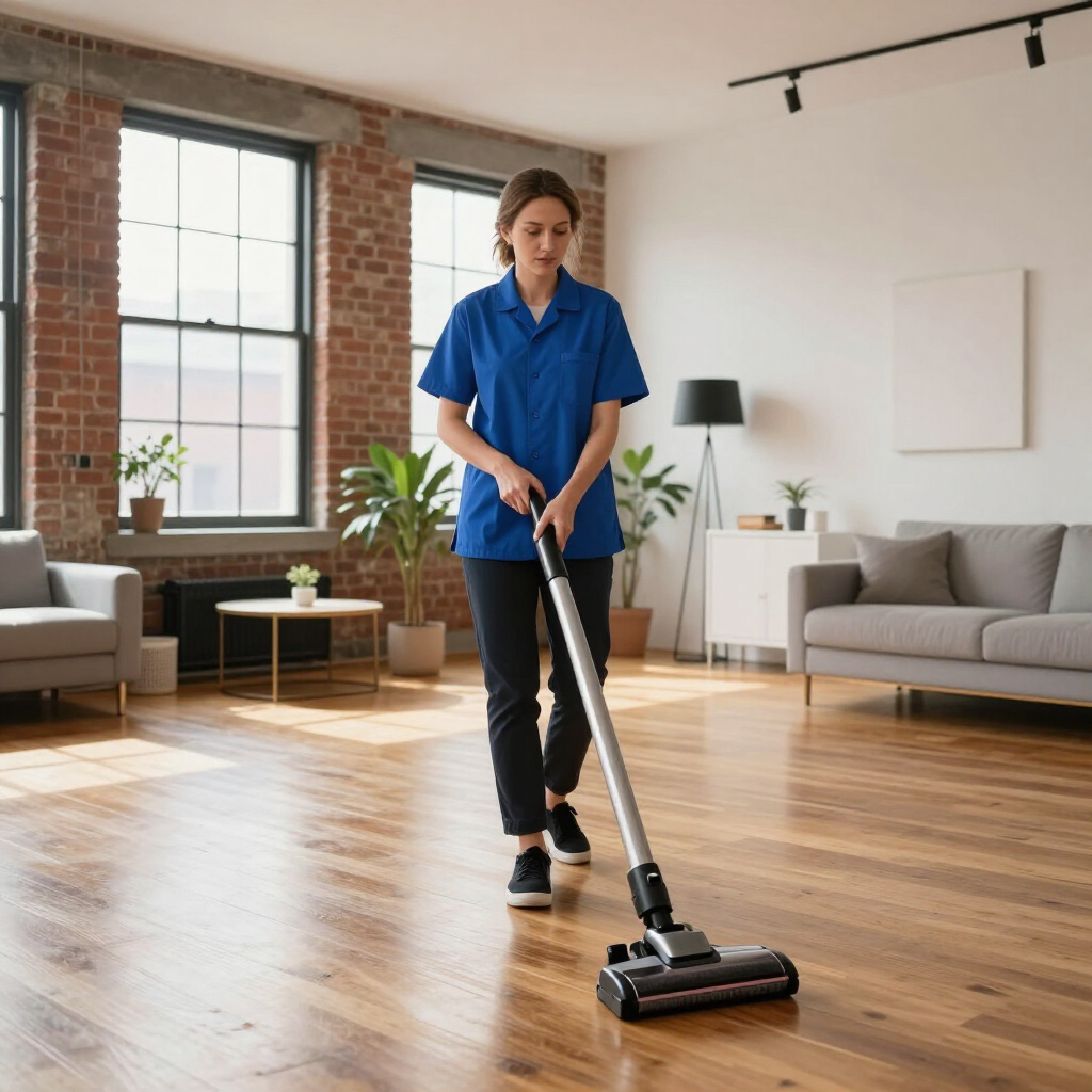 Person vacuuming a hardwood floor in a bright, modern living room