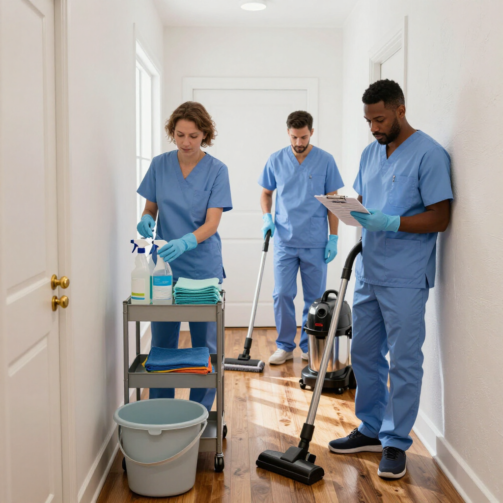 Cleaning crew in blue uniforms disinfecting a bright hallway with mops, vacuum, and cleaning supplies