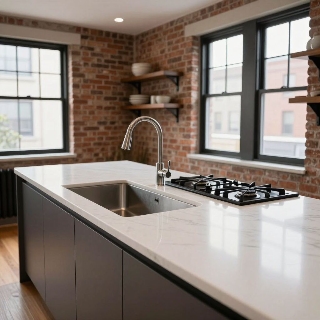 Modern kitchen with white island, black cabinets, brick walls, large windows, and gas cooktop