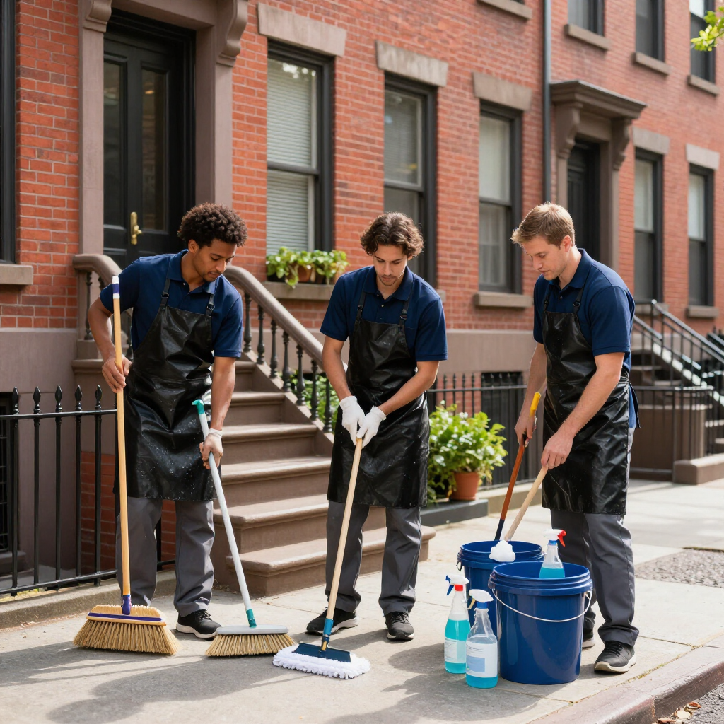 Three people cleaning a brick apartment stoop, sweeping steps and washing with buckets and supplies.