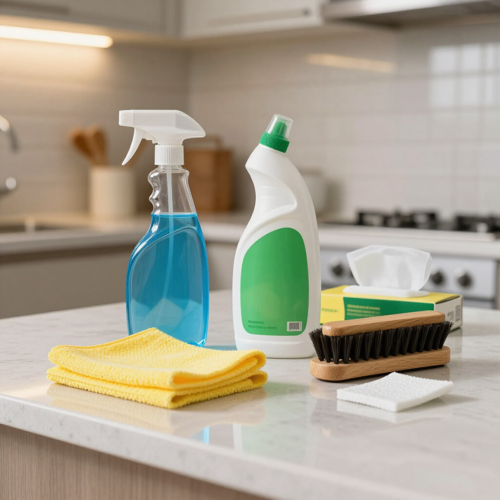 Cleaning supplies on a kitchen counter: spray bottle, detergent, cloths, sponge, and scrub brush.