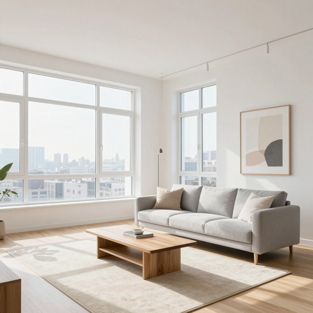 Bright minimalist living room with a gray sofa, wooden coffee table, and large city-view windows