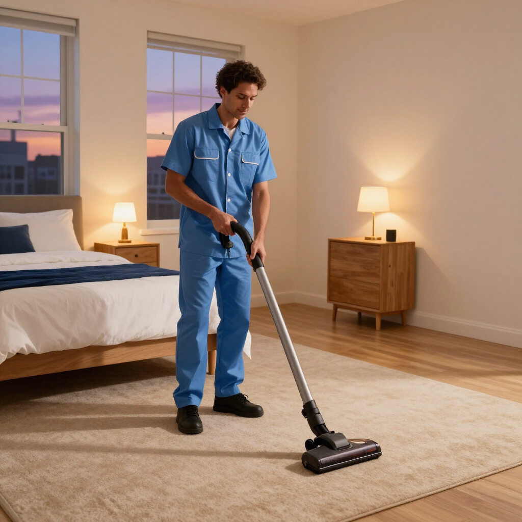 Cleaner vacuuming a beige carpet in a bedroom with two bedside lamps and a bed.