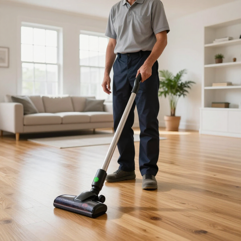 Person using a vacuum cleaner on a hardwood floor in a bright living room.