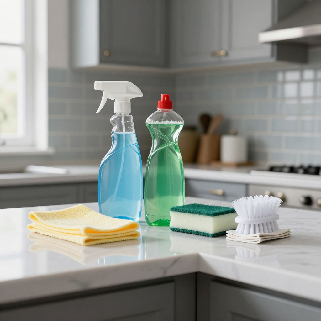 Cleaning supplies on a kitchen counter: spray bottles, cloths, sponge, and scrub brush.