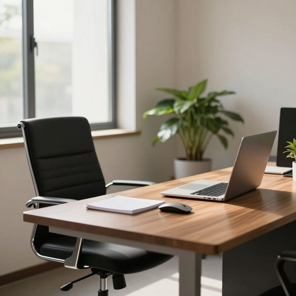Modern office desk with laptop, notebook, mouse, and black chair beside a window and potted plant