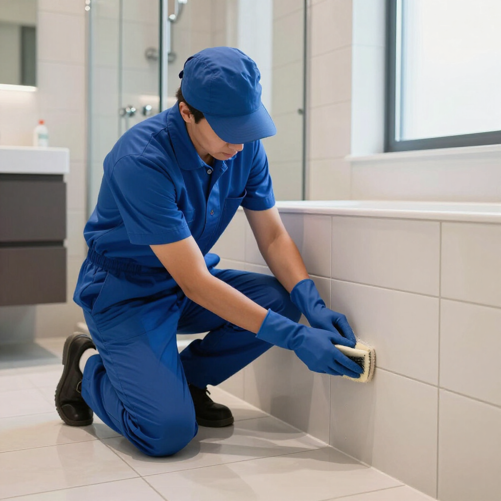 Blue-uniformed cleaner scrubs a tiled wall in a bright bathroom.
