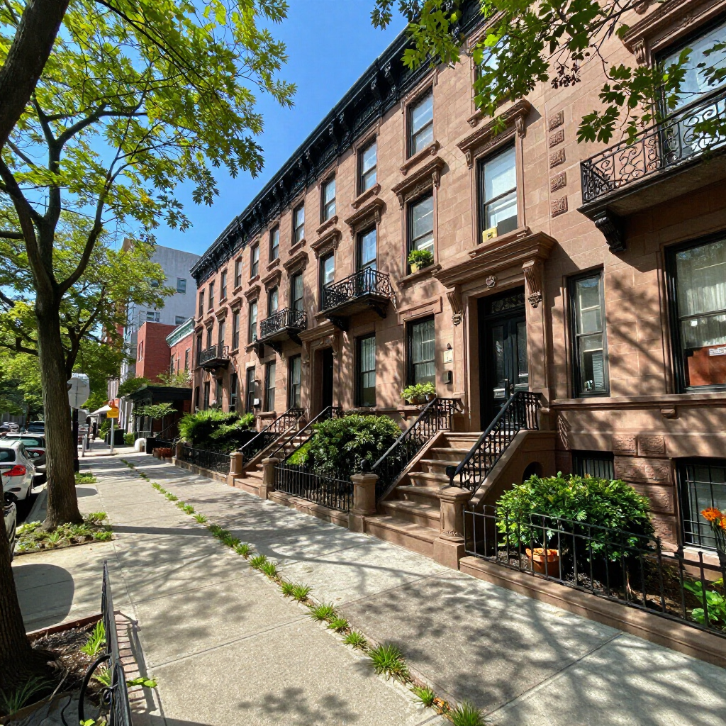 Sunlit brownstone row houses lining a tree-shaded city sidewalk with stoops and potted plants
