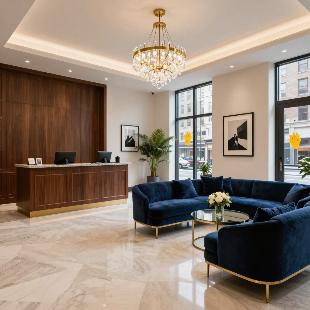 Elegant hotel lobby with chandelier, navy velvet seating, marble floor, and wooden reception desk