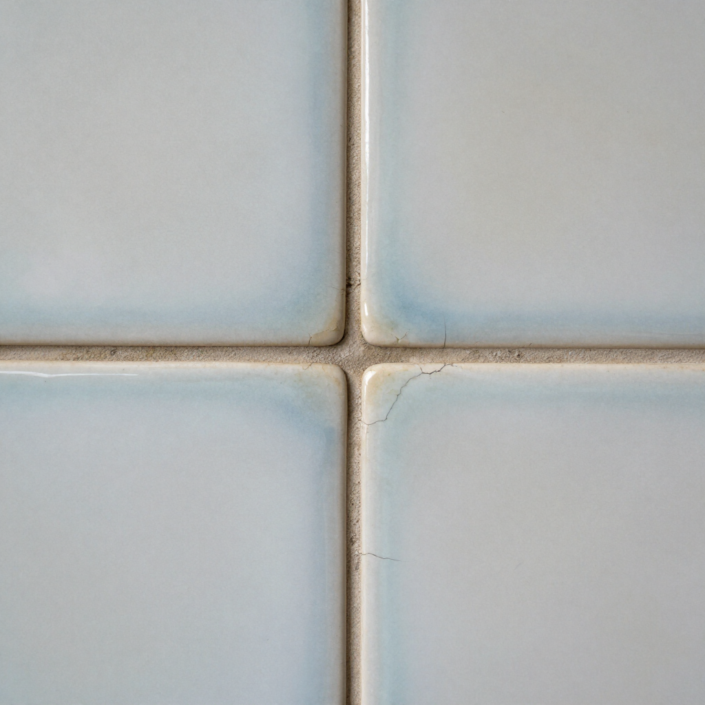 Close-up of pale blue ceramic tiles with beige grout lines and slight wear at the edges