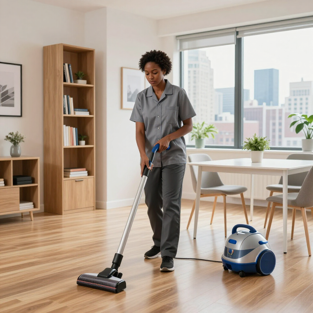 Person vacuuming a bright apartment with a canister vacuum and hardwood floors.