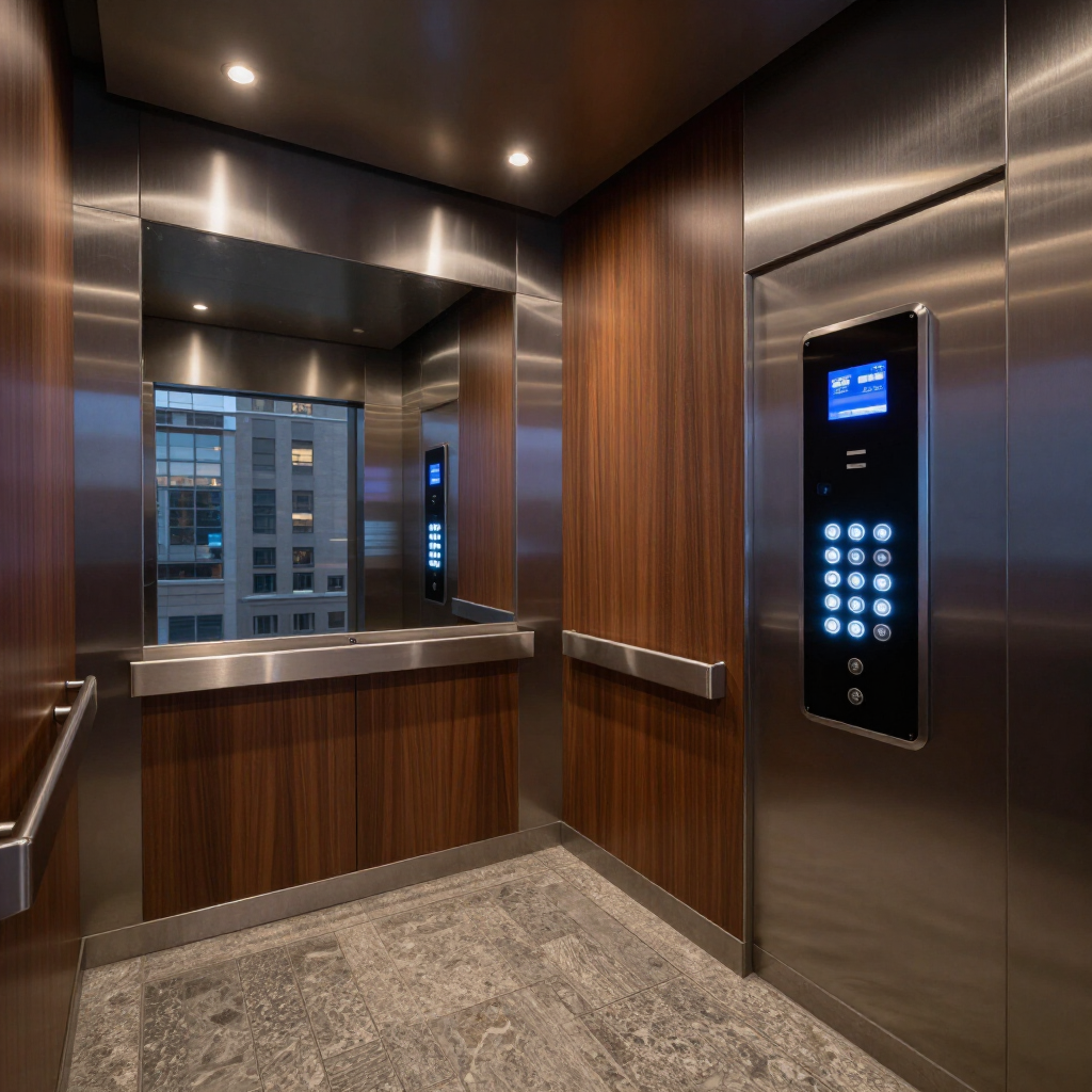 Empty modern elevator interior with wood panels, stainless steel, mirror, and control panel lit up.