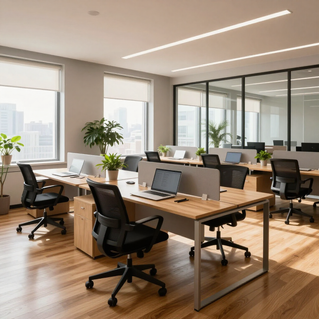 Modern open-plan office with desks, laptops, black chairs, and large windows with city views