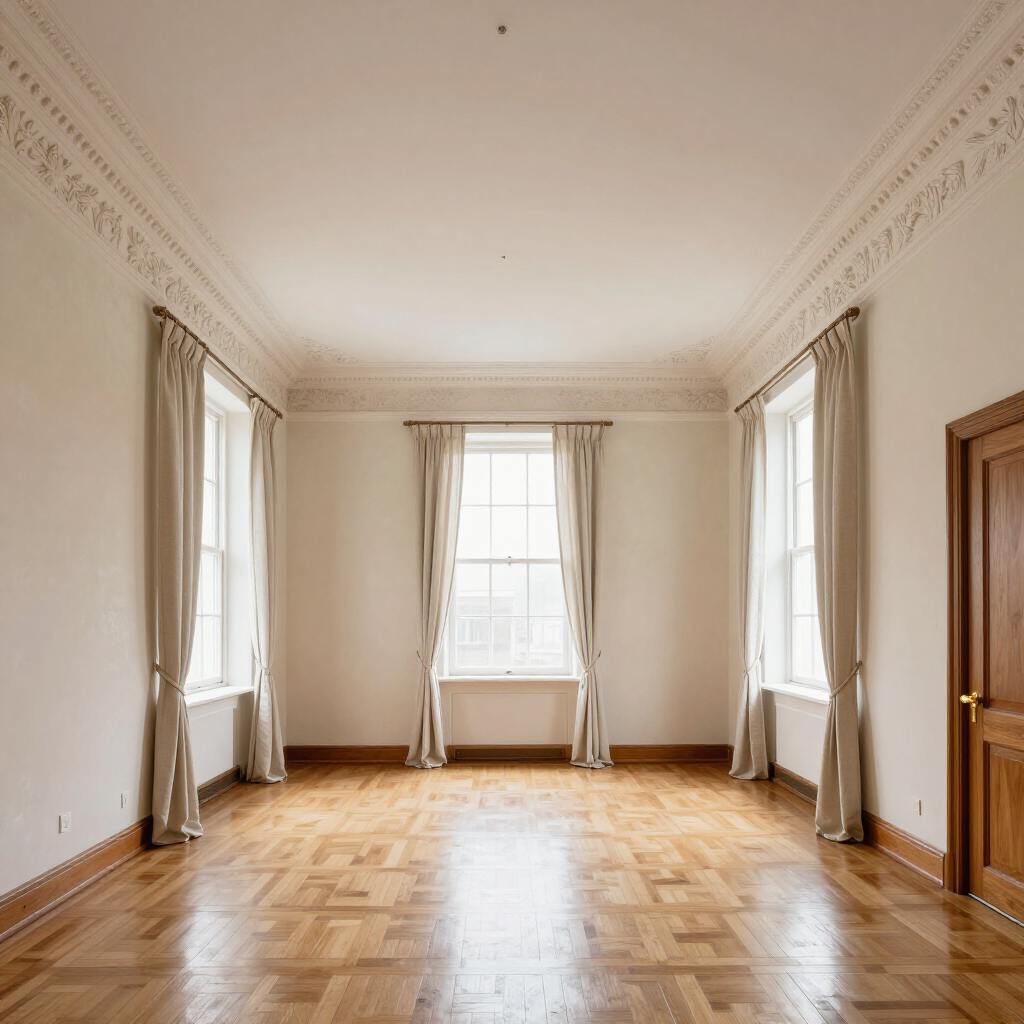 Empty, bright room with parquet floor, three tall windows, cream walls, and a wooden door