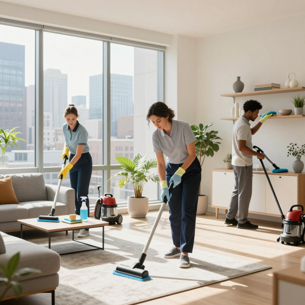 People cleaning a bright living room with vacuums and dusting tools near large windows