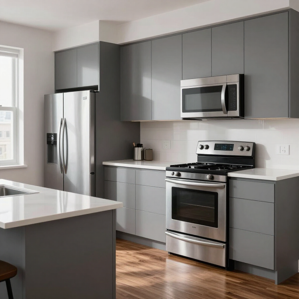 Modern kitchen with gray cabinets, stainless steel appliances, and wood flooring