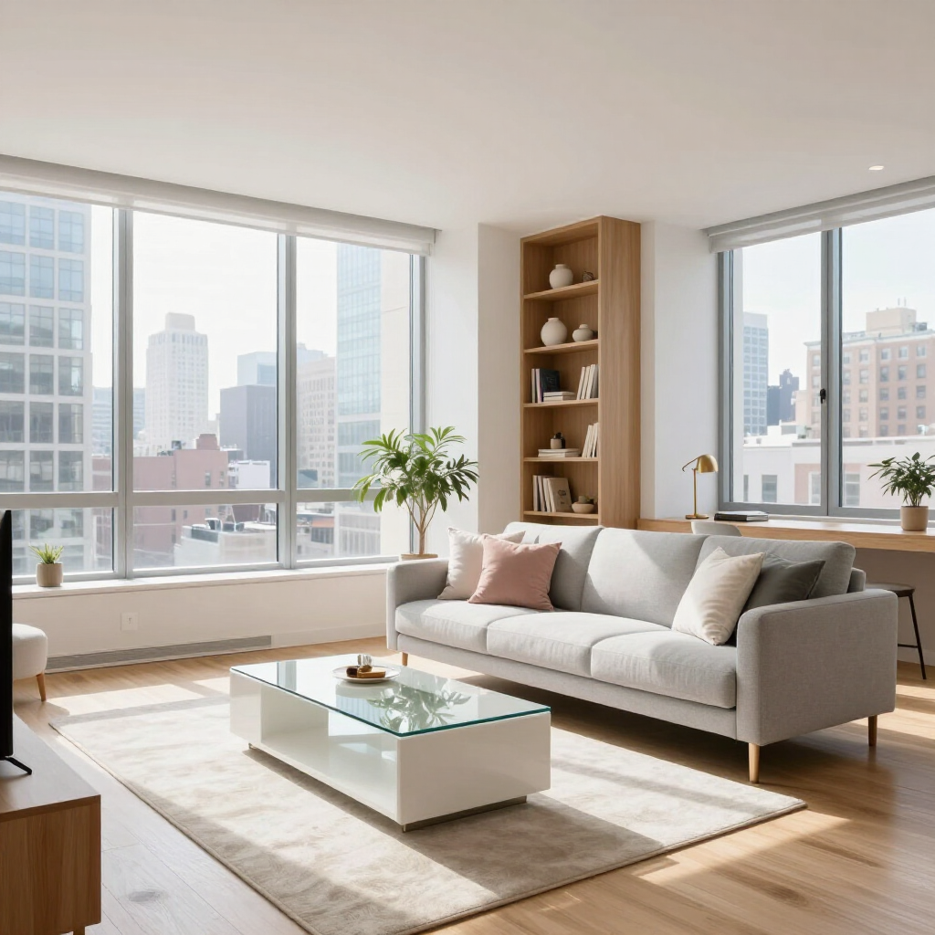 Bright modern living room with gray sofa, glass coffee table, rug, and large city-view windows
