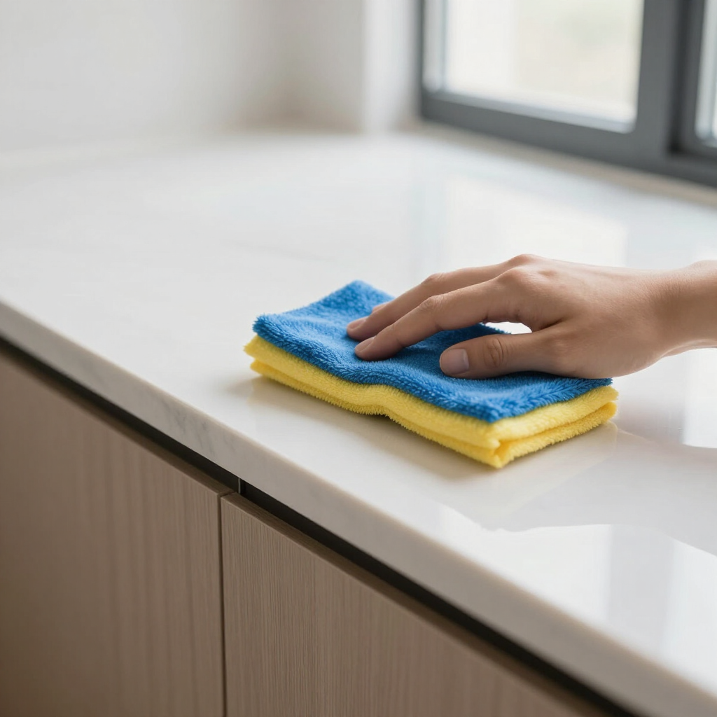 Hand wiping a white countertop with a blue and yellow cloth near a window