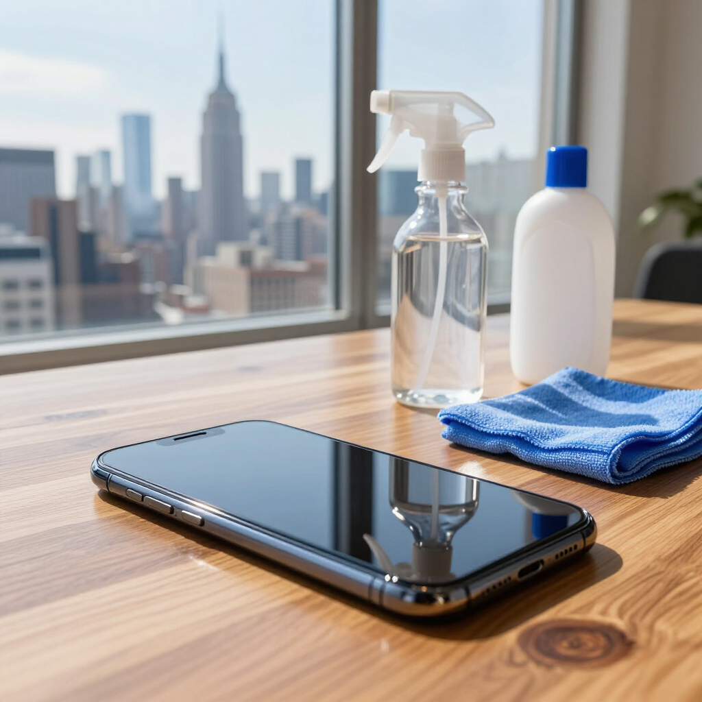 Smartphone on wooden desk beside cleaning spray, white bottle, and blue cloth with city skyline in background