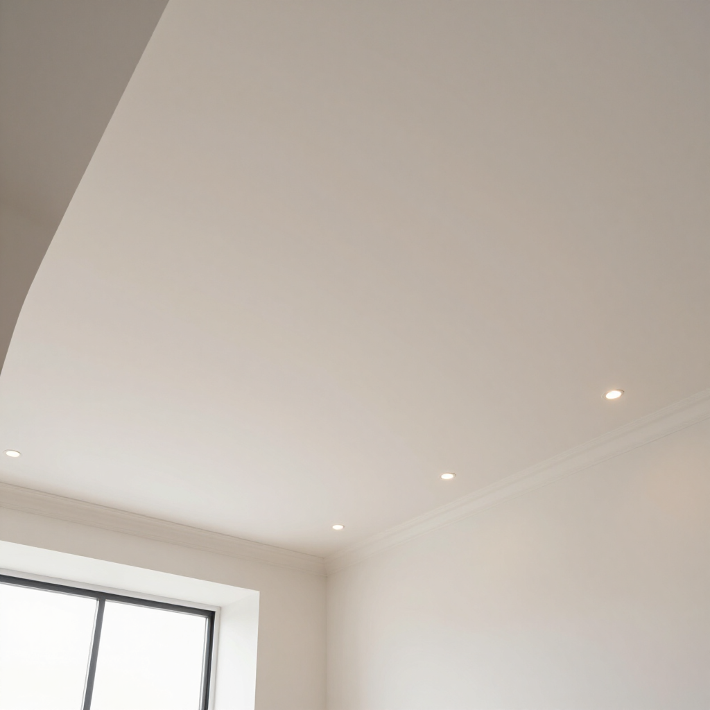 Minimal white bedroom ceiling with recessed lights and a window below