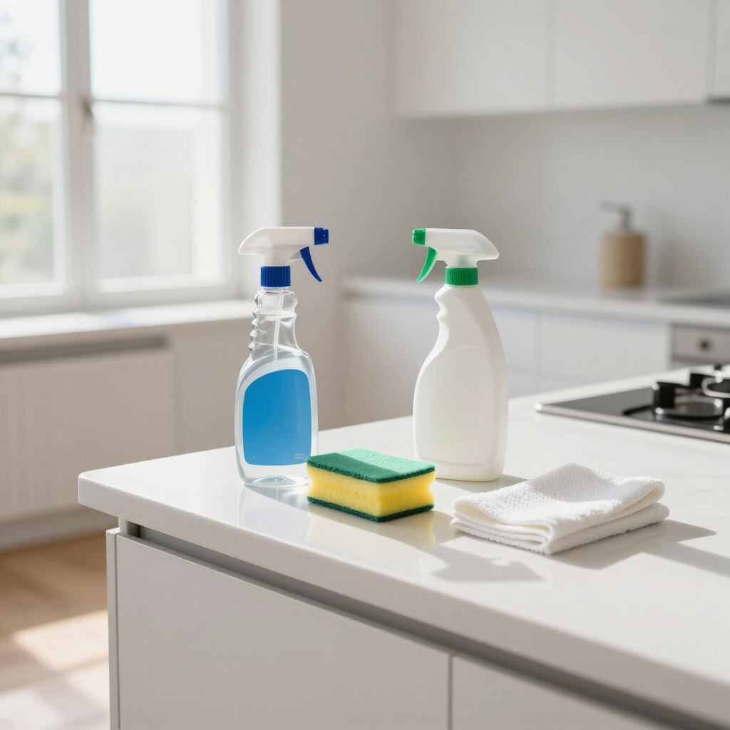 Cleaning supplies on a kitchen counter beside a sink: blue spray bottle, white cleaner, sponge, and cloths.
