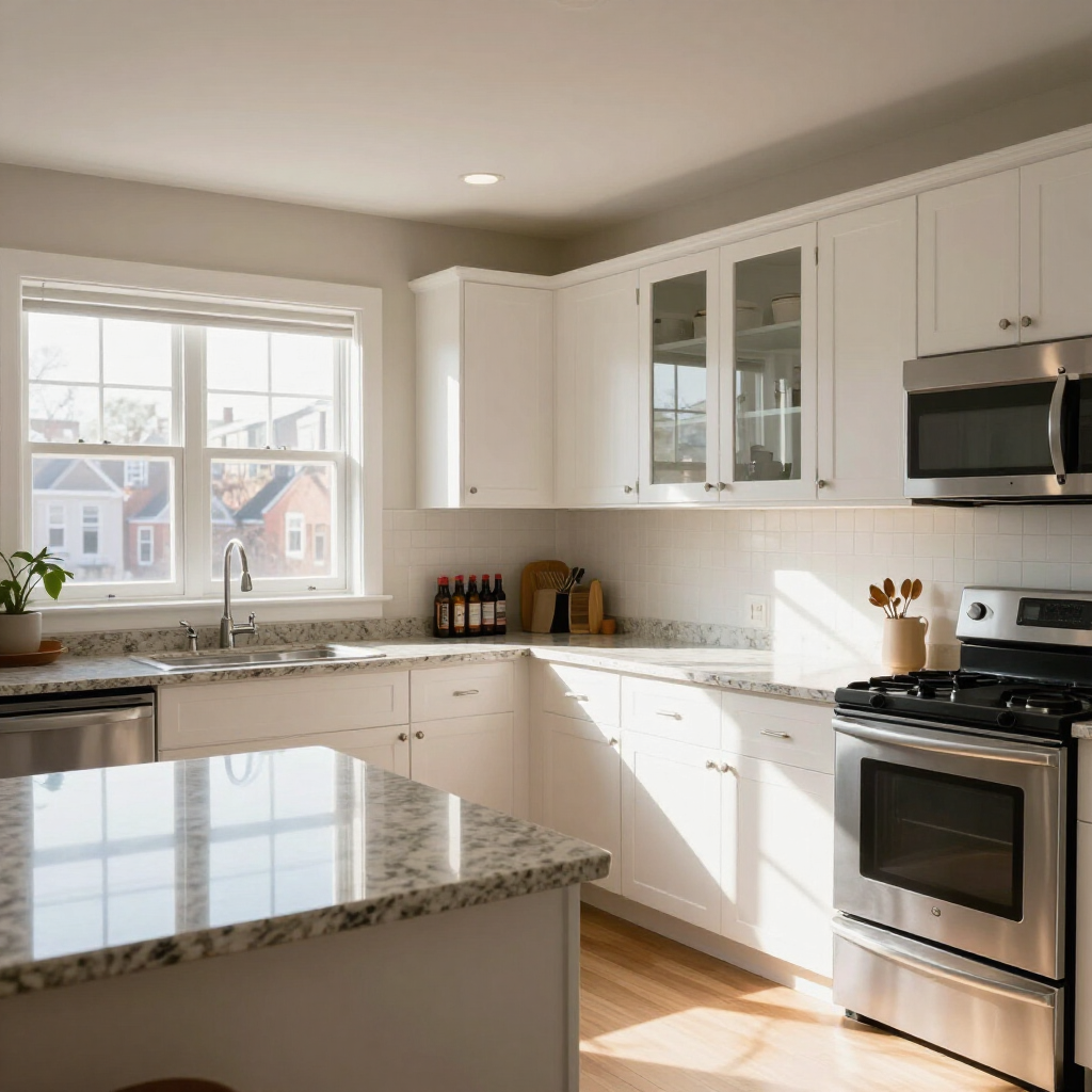 Bright modern kitchen with white cabinets, granite counters, stainless steel appliances, and sunlight through a window