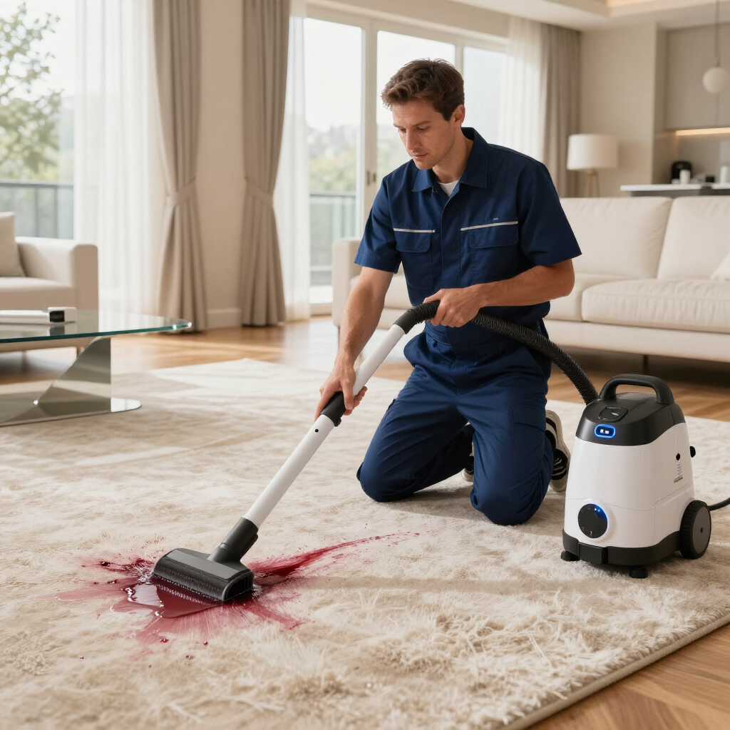 Vacuuming a red stain from a beige carpet in a bright living room