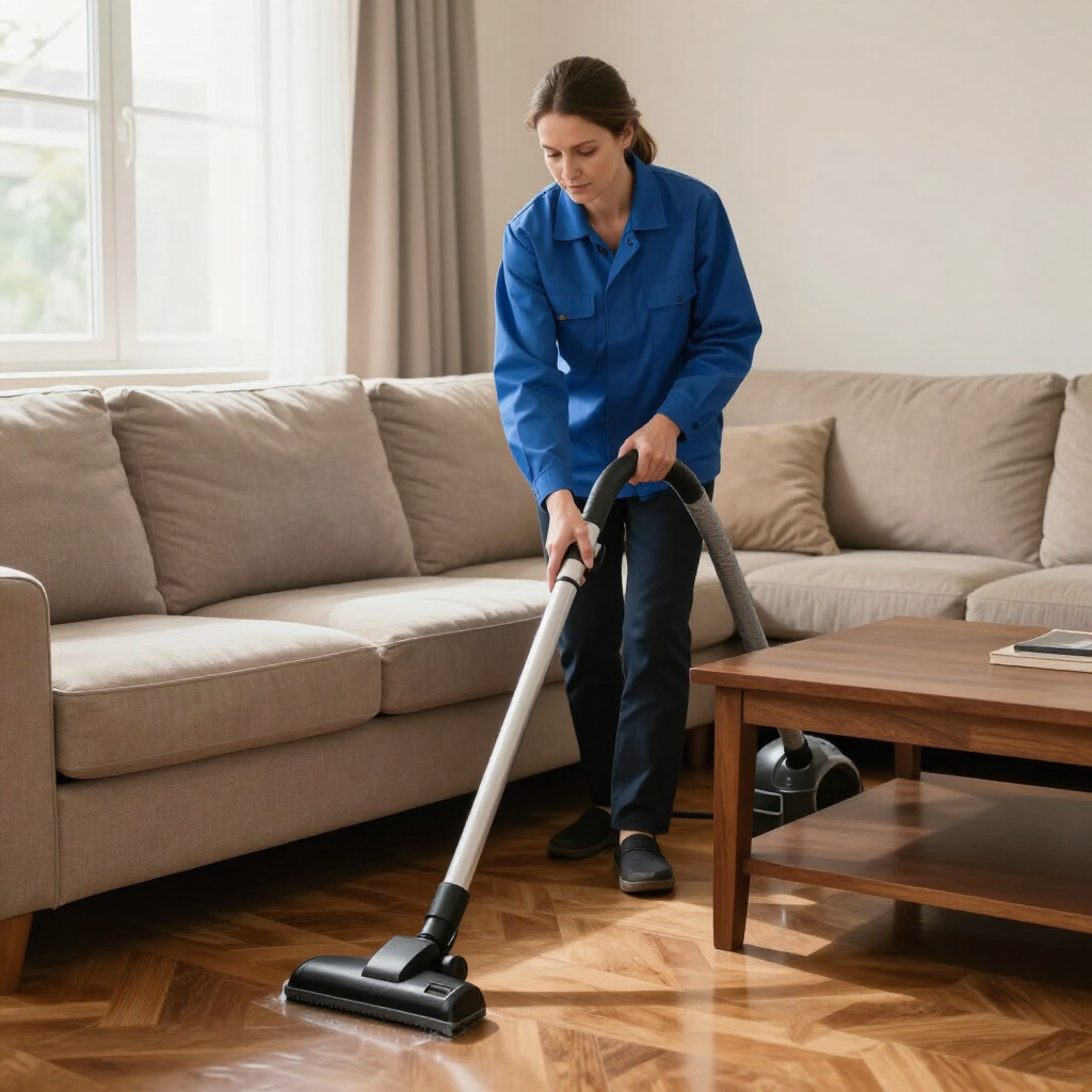Person vacuuming a hardwood floor beside a beige sofa in a living room
