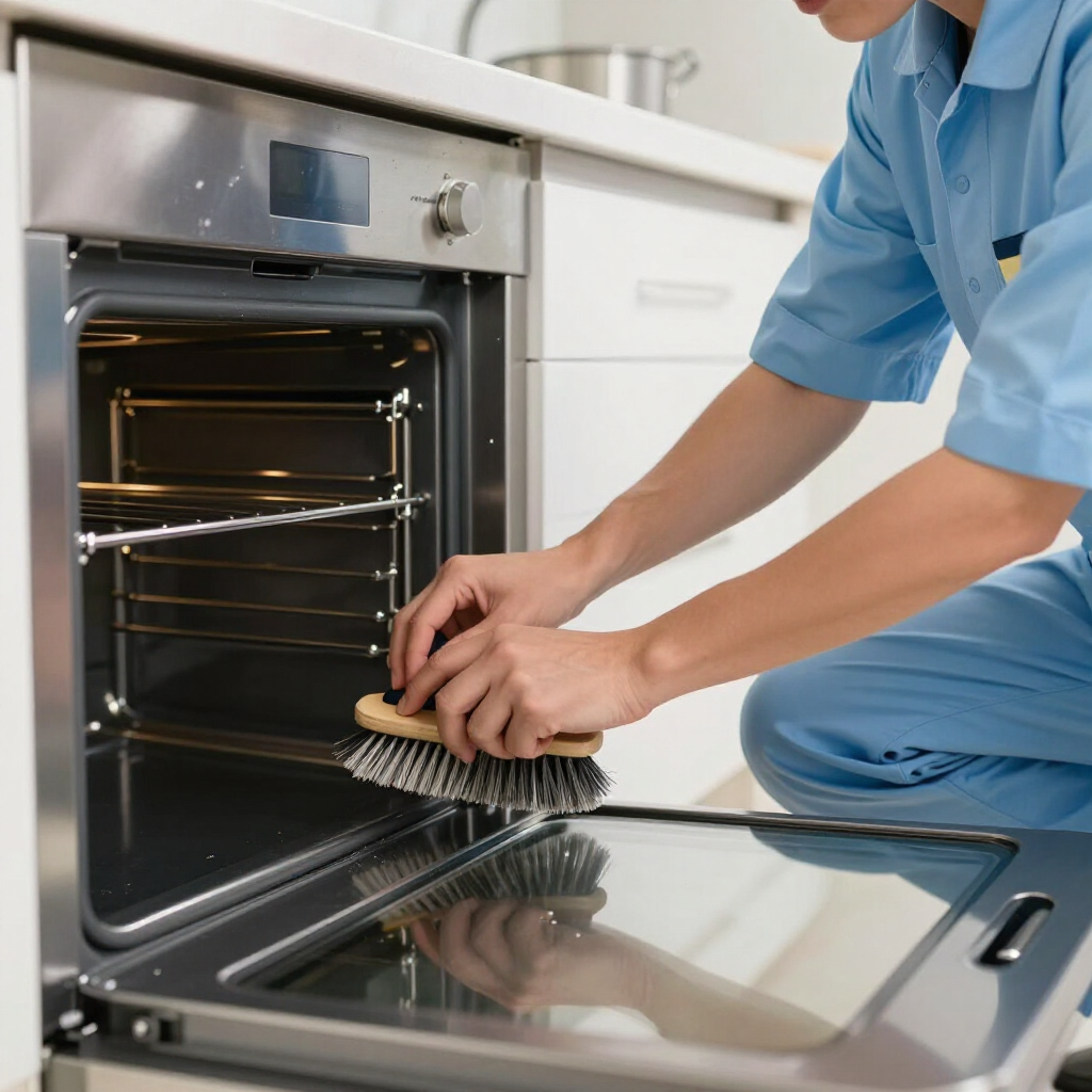 Person cleaning an oven with a brush and cloth in a bright kitchen