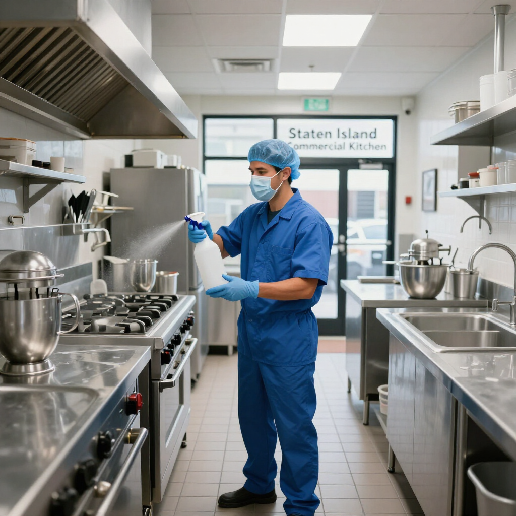 Worker in blue scrubs and mask sanitizing a kitchen counter in a bright commercial kitchen.