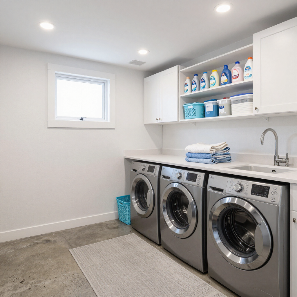 Bright laundry room with three front-loading washers, white cabinets, and a small window.