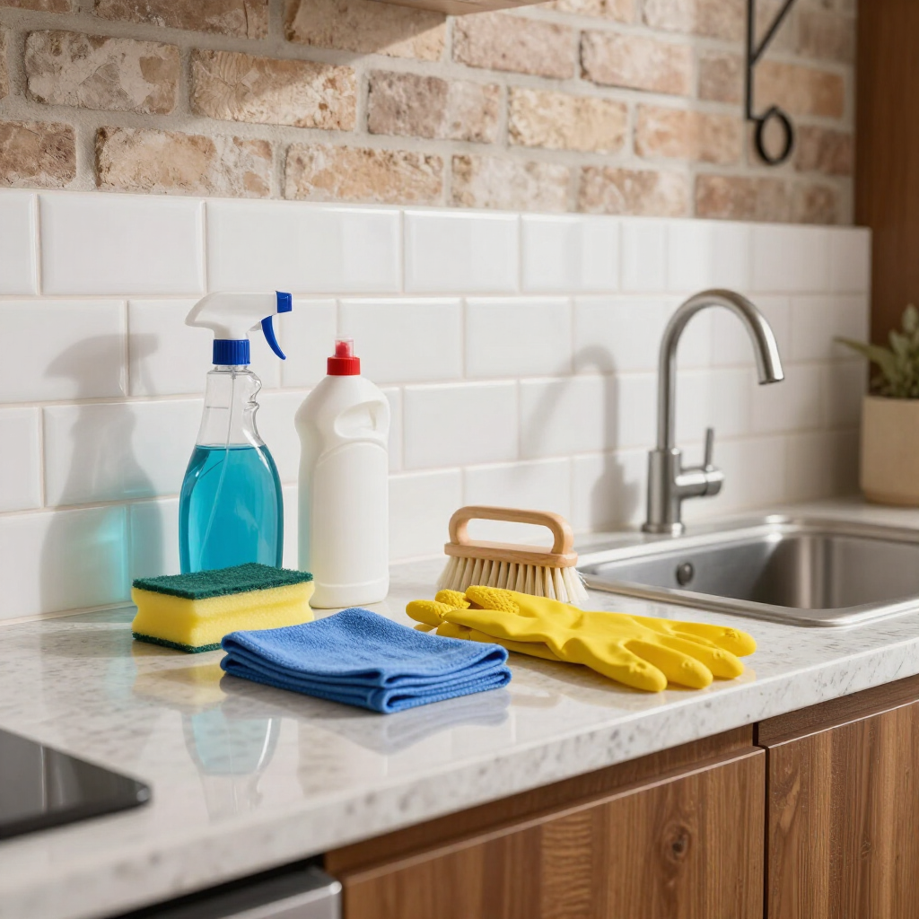 Kitchen sink area with cleaning supplies, yellow gloves, and folded cloths on a counter.