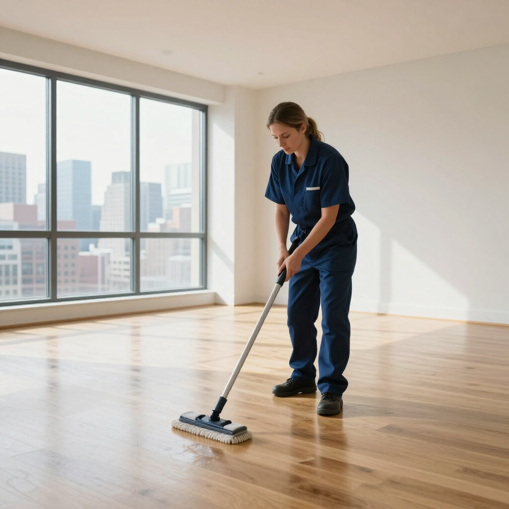 Worker mopping a polished wooden floor in a bright empty room with large windows.