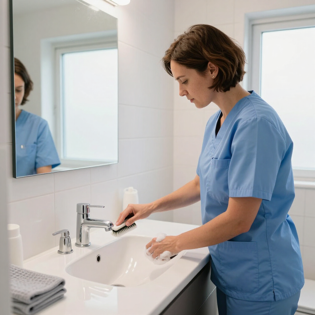 Nurse in blue scrubs washing hands at a bathroom sink, with a mirror and folded towels nearby.