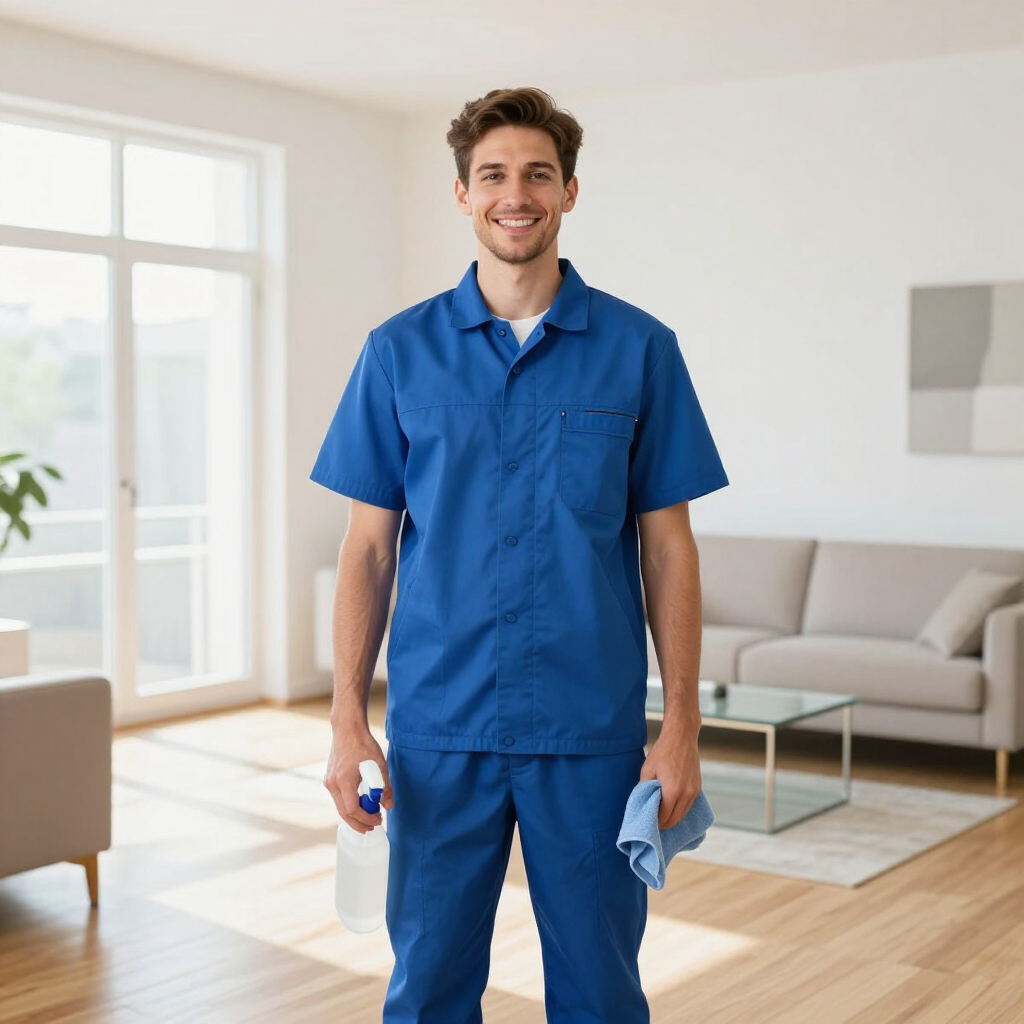 Smiling janitor in blue uniform holding cleaning supplies in a bright living room