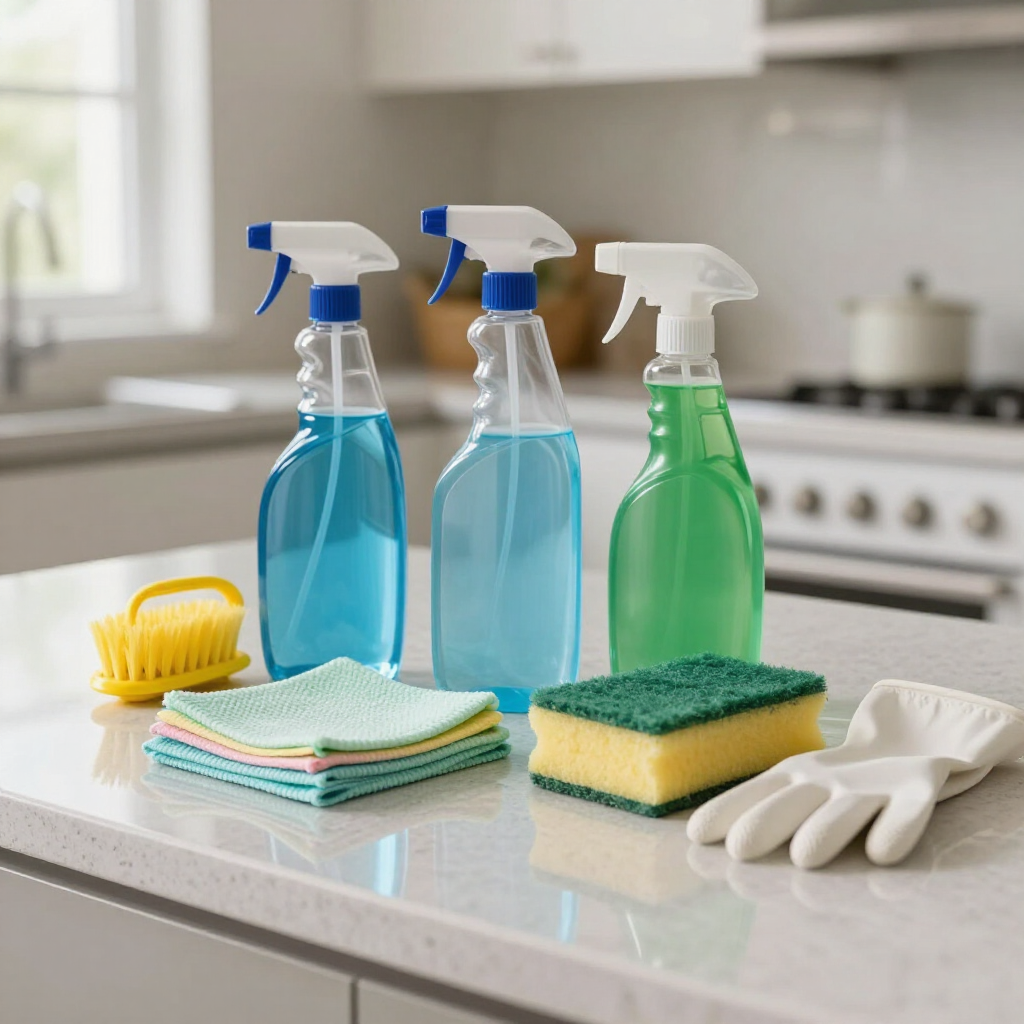 Cleaning supplies on a kitchen counter: spray bottles, sponges, cloths, scrub brush, and gloves.