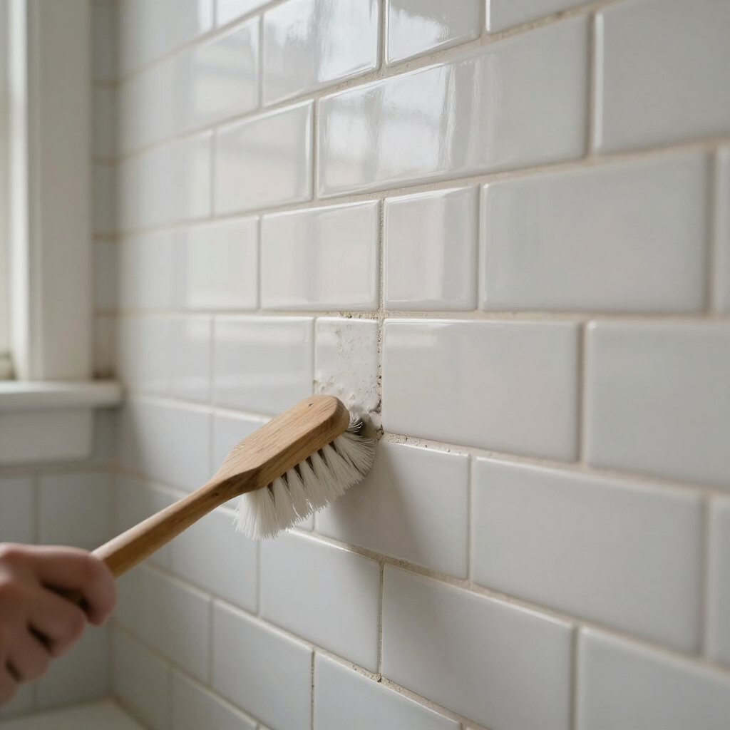 Hand scrubbing grime from white tiled wall with a wooden brush