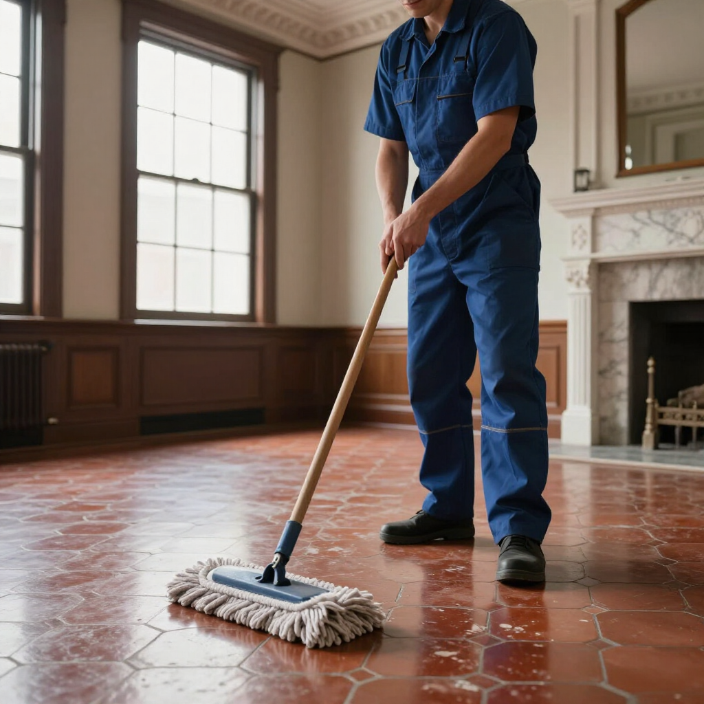 Worker mopping a glossy tiled floor in a room with wood paneling and a fireplace
