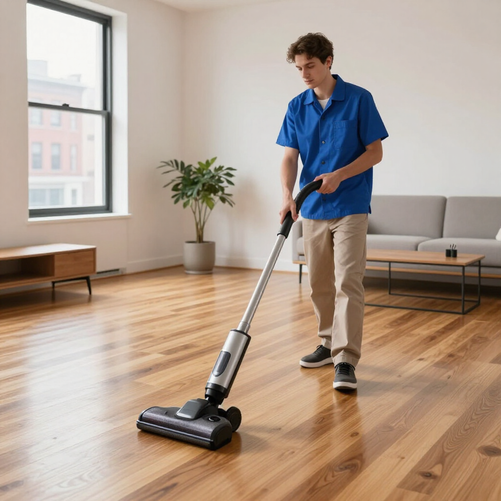 Man using a vacuum cleaner on a hardwood floor in a bright living room